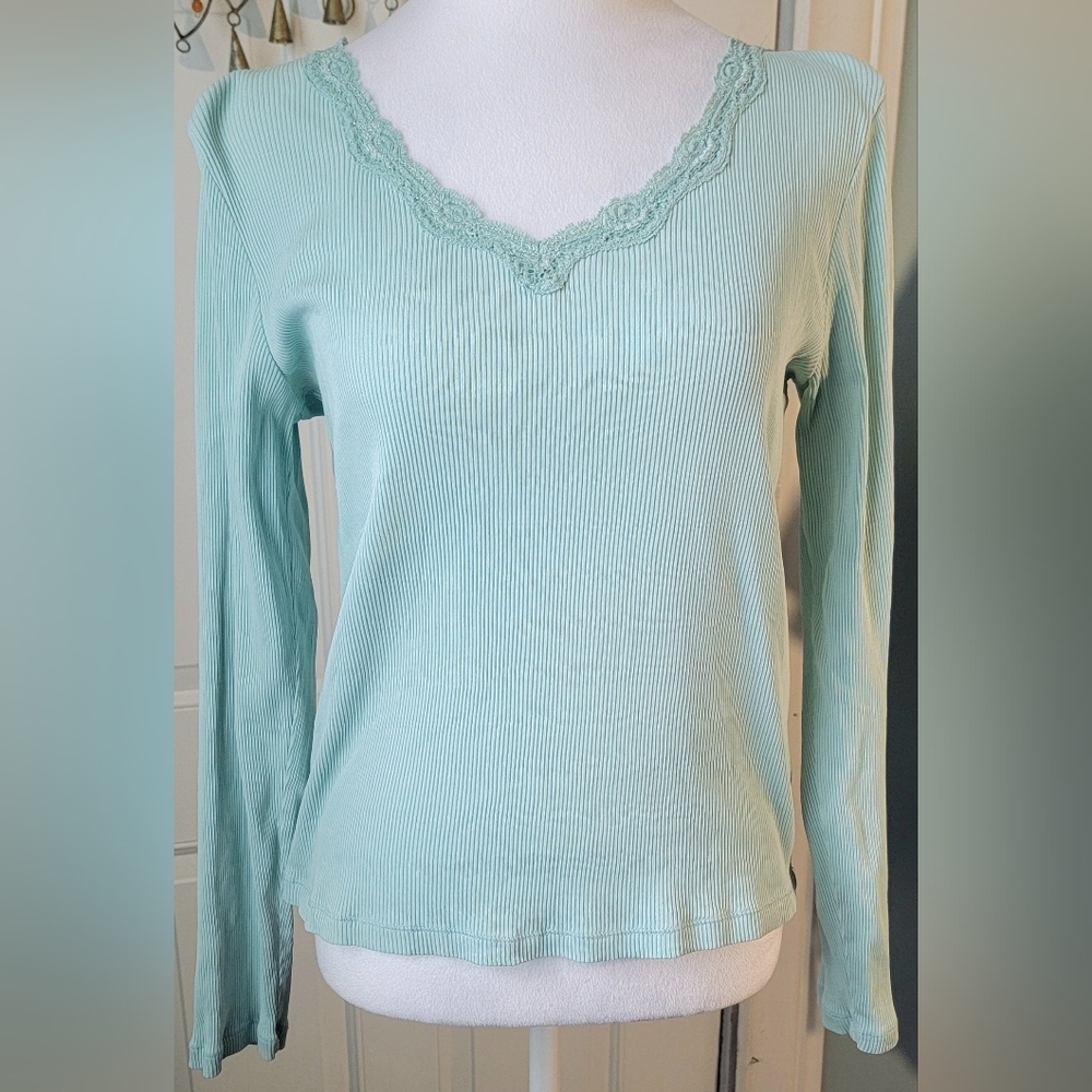 Sigrid Olsen Lace V-Neck Ribbed Long Sleeve Top Womens MP Seafoam Cotton Y2K Cot